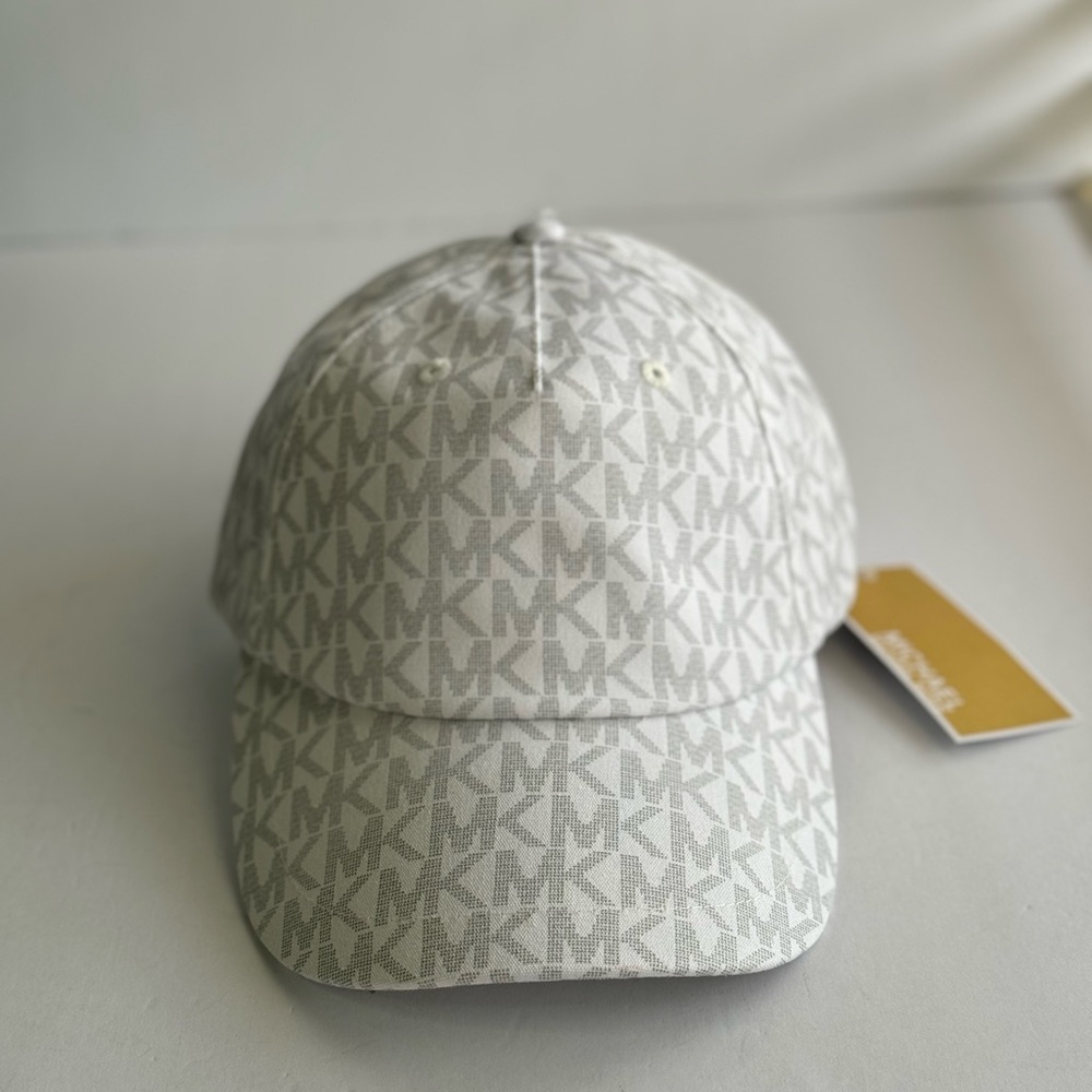 New $68 MICHAEL KORS White/Gray MK Logo Monogram Strap Back Baseball Cap/Hat